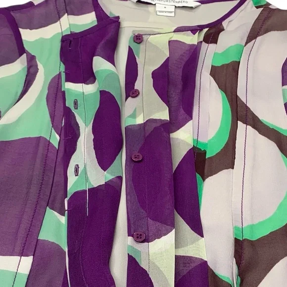 Diane Von Furstenberg Silk Mini Dress Purple Mint Retro Dot Drop Waist Size 8 - Picture 6 of 16